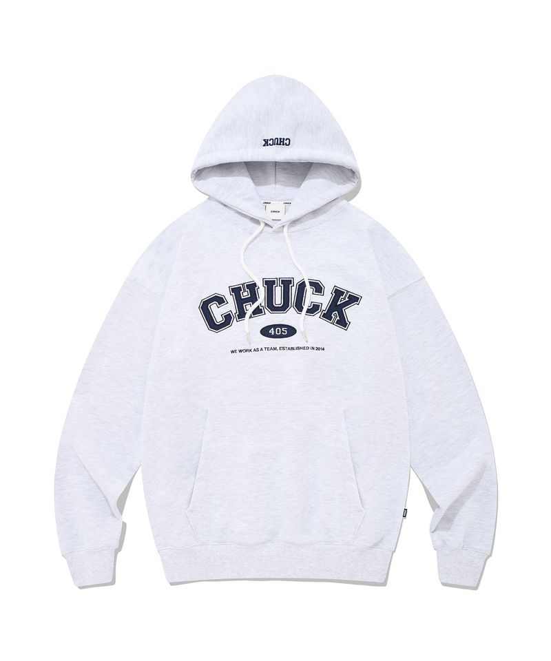 CHUCK（チャック）の「CHUCK アプリケアーチロゴフーディ / [Spring Ver.] CHUCK APPLIQUE ARCH LOGO HOODIE (LIGHT GRAY&NAVY)（Tops）」