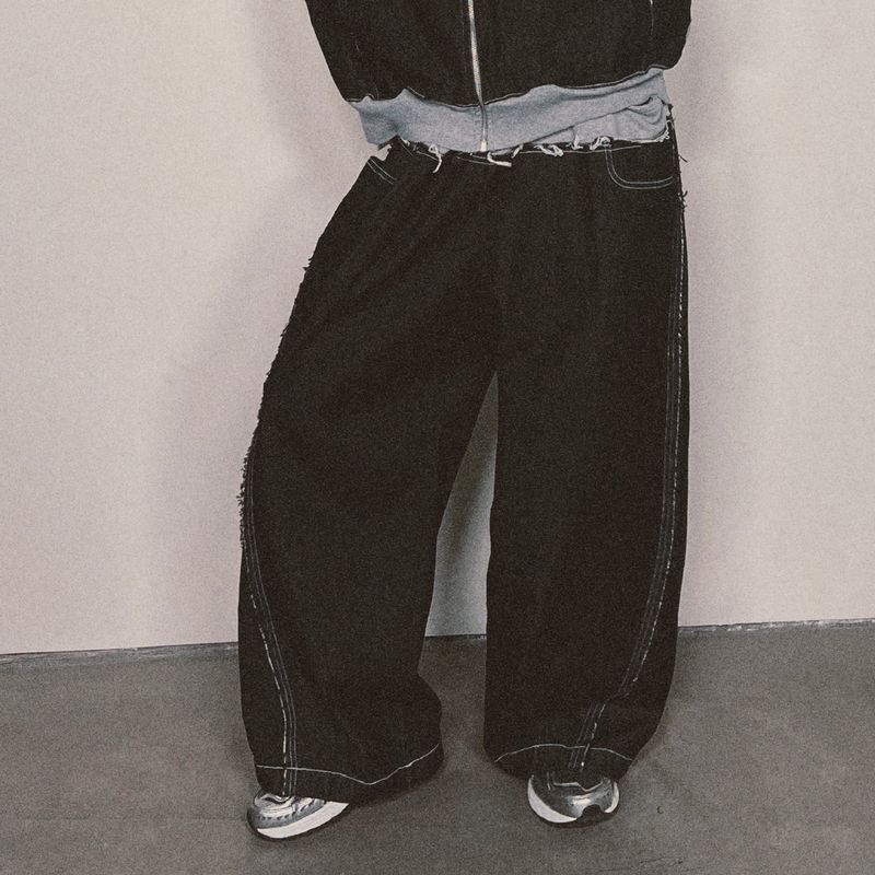 layered deconstructed denim pants_black