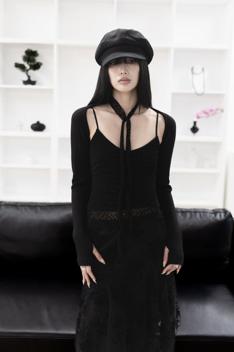 [Sepia] Leopard mesh sleeveless (scarf set) (Black/Blue)