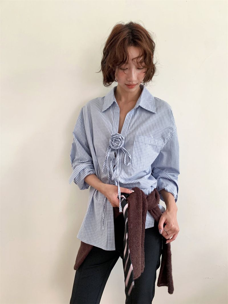 French Corsage Shirring Flower Tie Loose-Fit Check Shirt