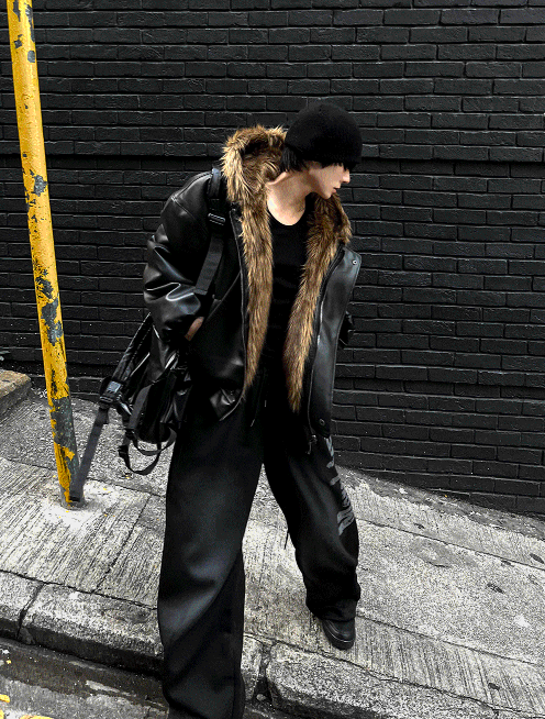 Zeoni fur trim hooded dark black leather jumper