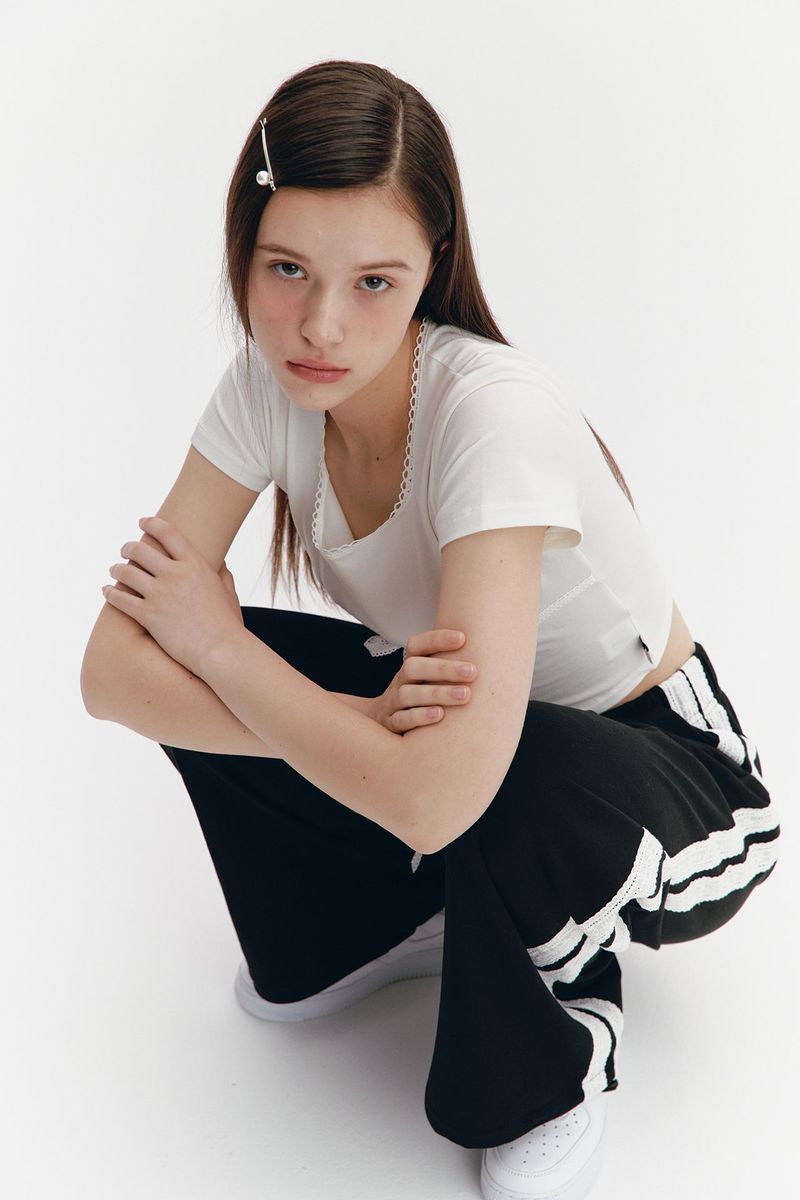 Lace Ribbon Shirring Top Ivory