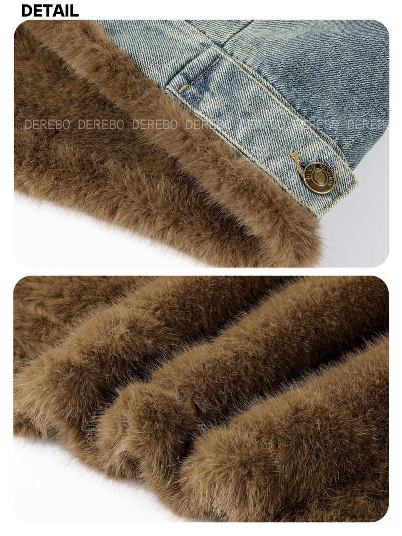 soft mink high neck denim fur jacket