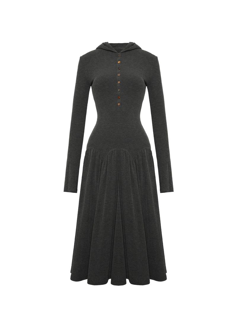 NyDkyel™ Knit hooded dress with irregular buttons embellished with fleece feel pit stripe