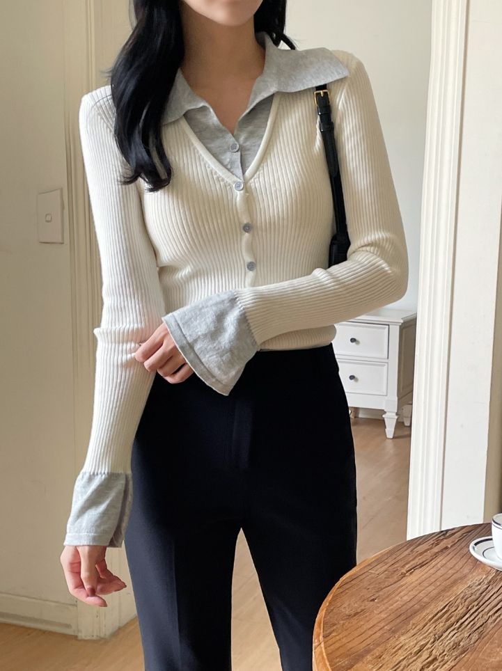 Core Layered Collar Ribbed Knit Cardigan