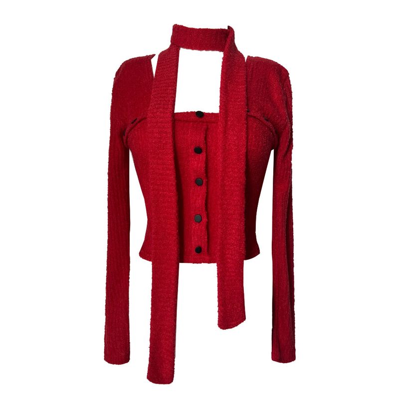 Winter wool square neck button ribbed long sleeve muffler SET (3 colors)