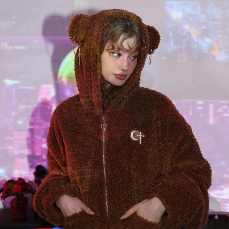 0 1 punk bear fleece jacket - BROWN
