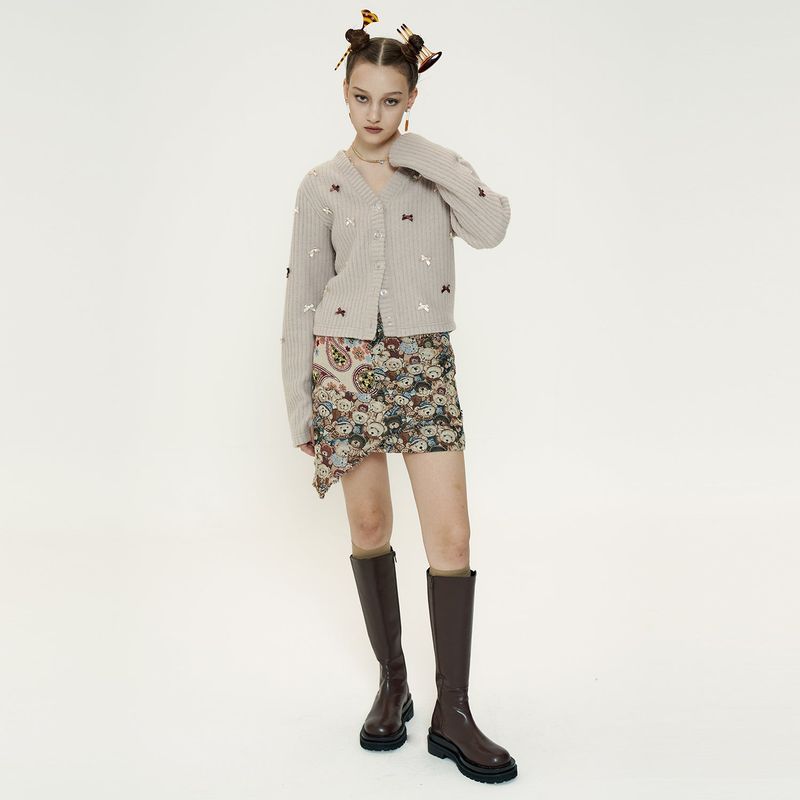 Jacquard Skirt [Beige_Bear+Flower]