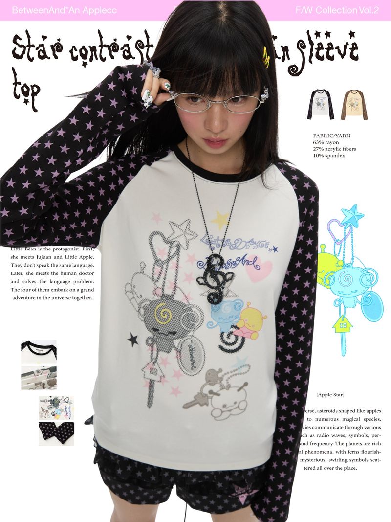 BETWEENAND Autumn Star Color-Contrast Raglan-Sleeve Long-Sleeve T-Shirt for Women, New American Style Fit Top