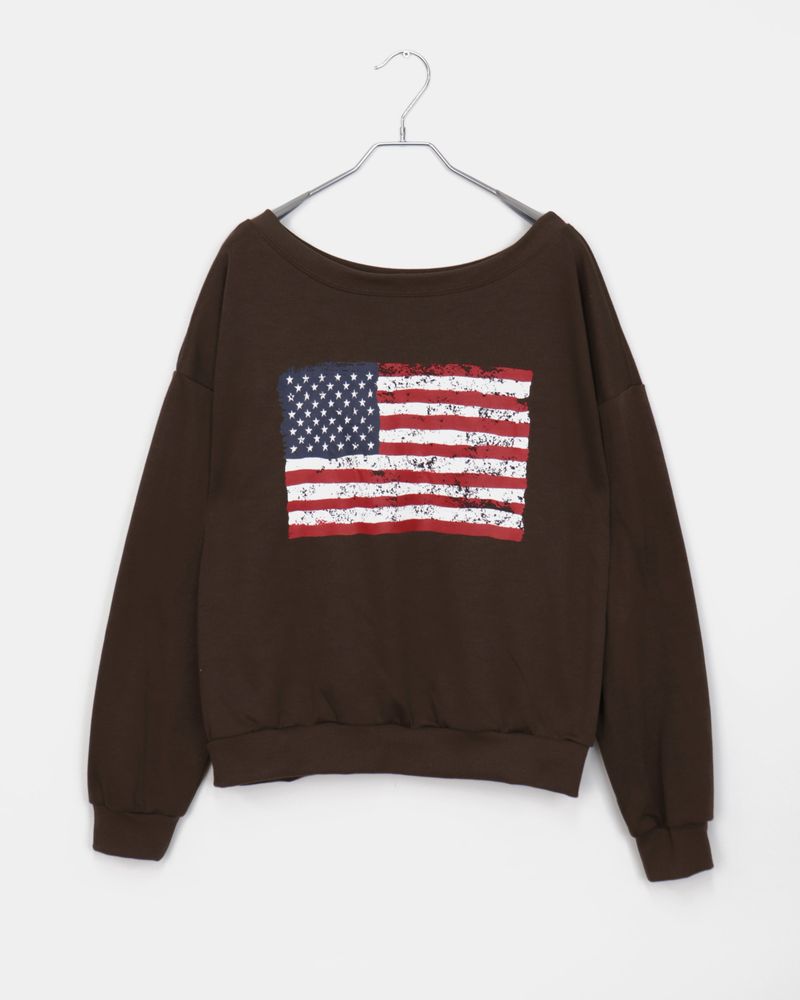 Murhit American Flag Printed One-Off Shoulder Long Sleeve Sweatshirt