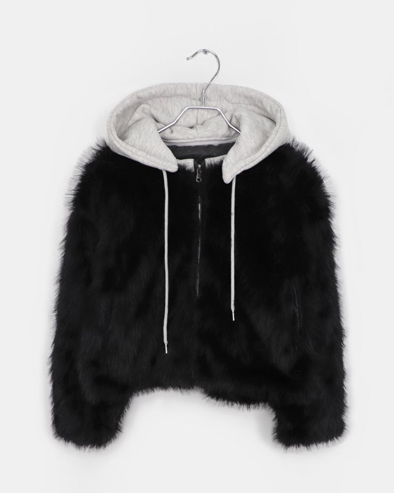 Hoa Color-block Hooded Zip-up Fur Jacket