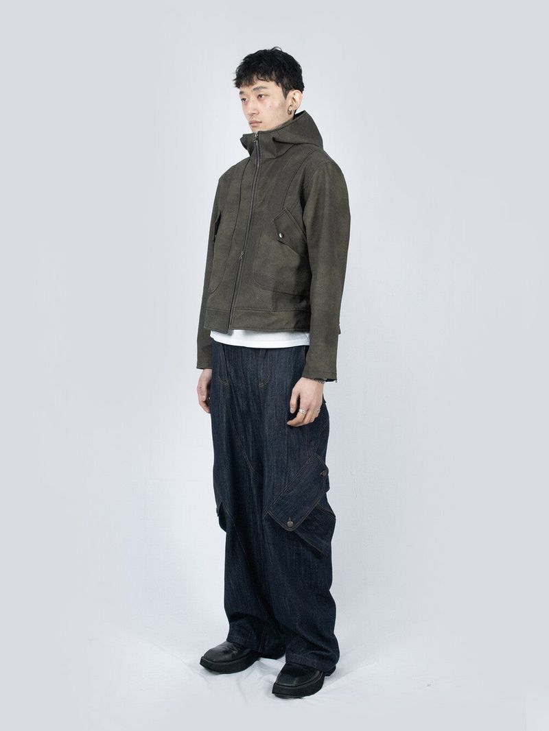 Curved Hood Leather Jacket (Khaki Black)
