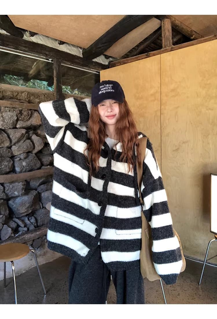 wool knit striped hooded over cardigan