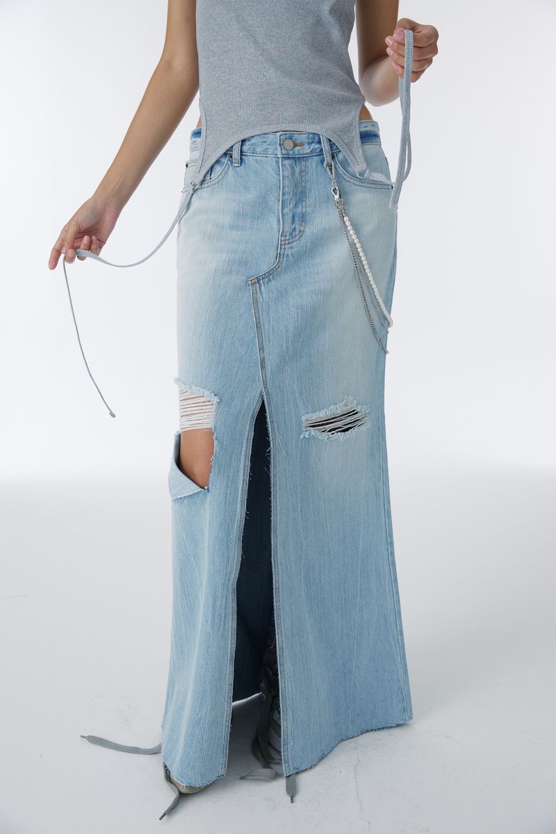 DAMAGED LONG DENIM SKIRT (BLUE)