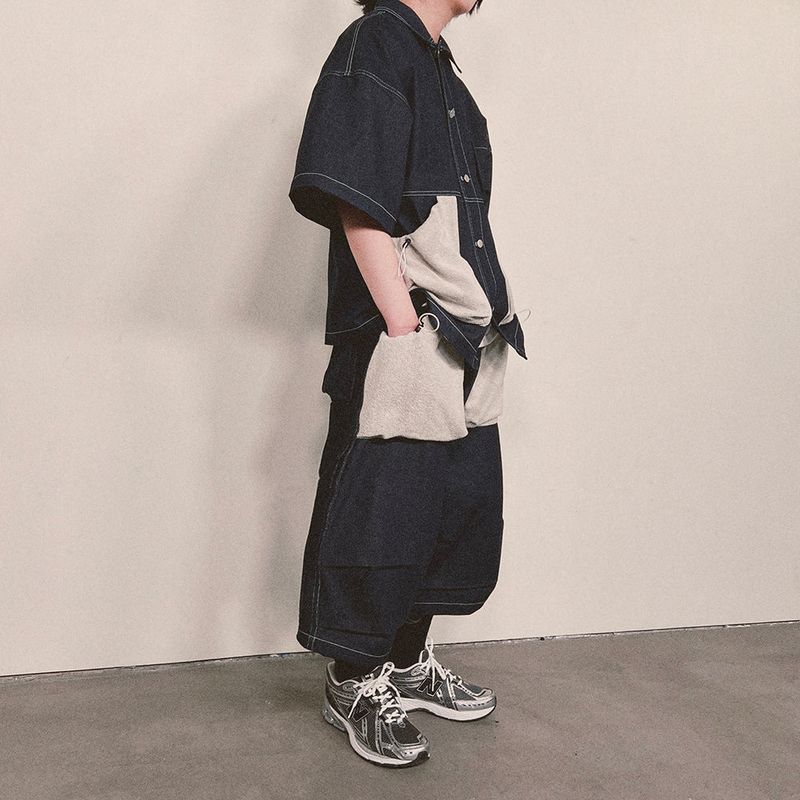 reverse terry pocket denim capri shorts_blue