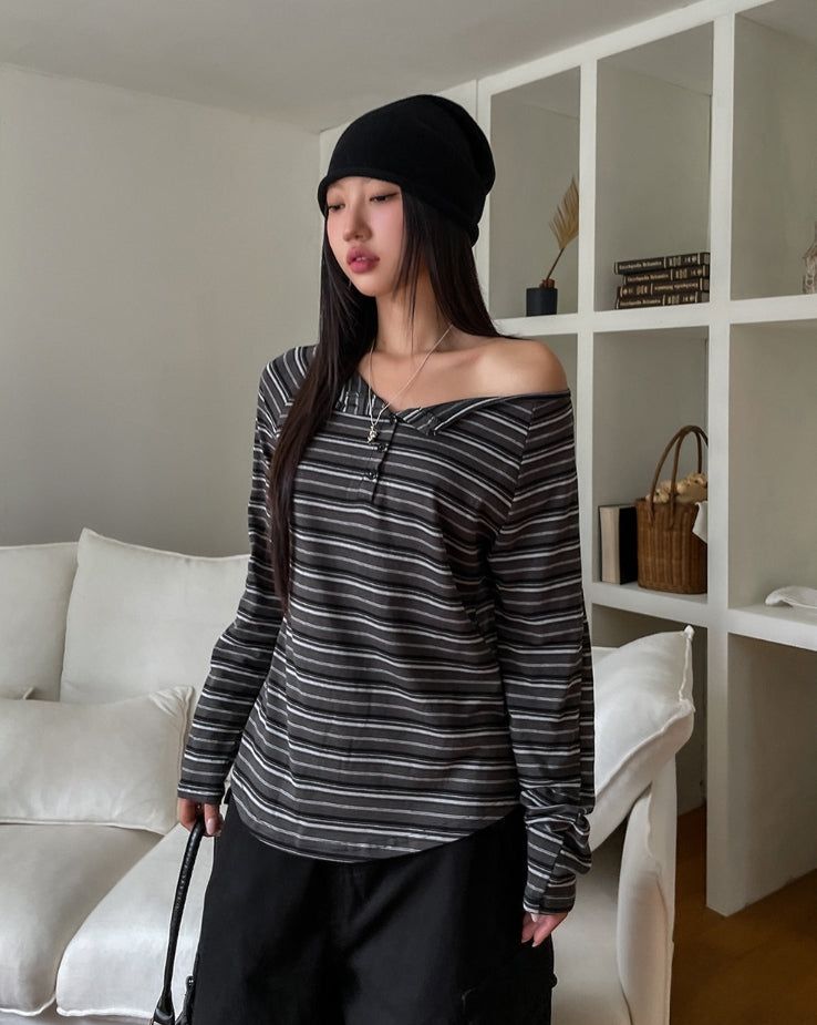 Dien Button Stripe Boat Neck Long Sleeve