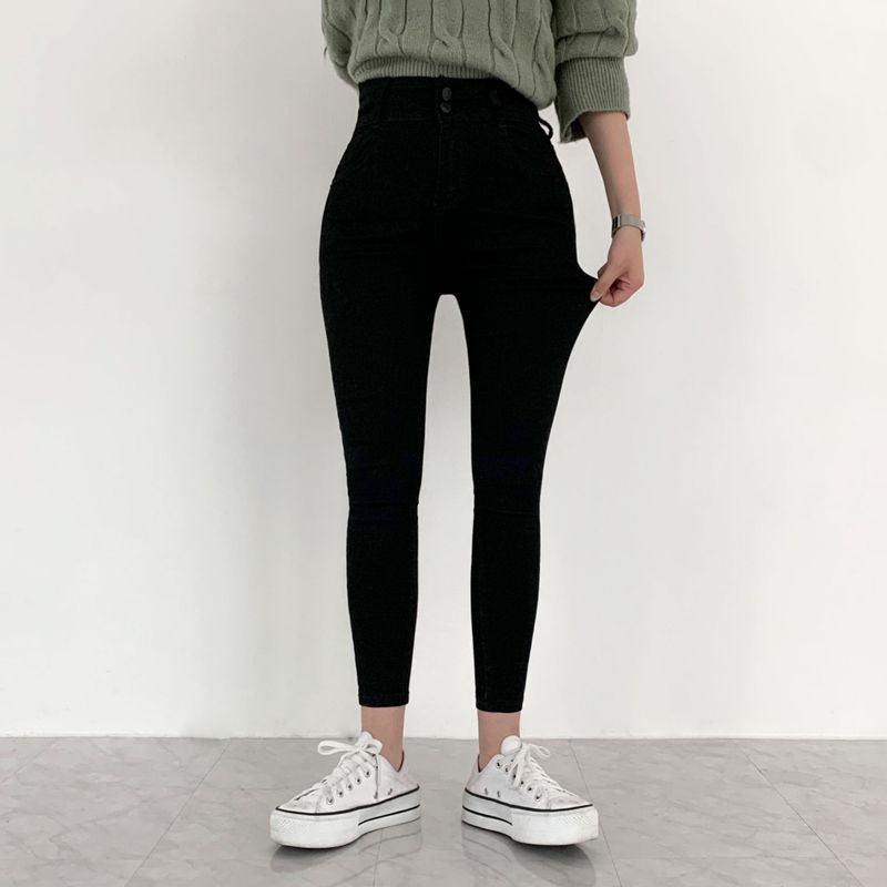 Whiskered Two-Button High Waist Skinny Jeans