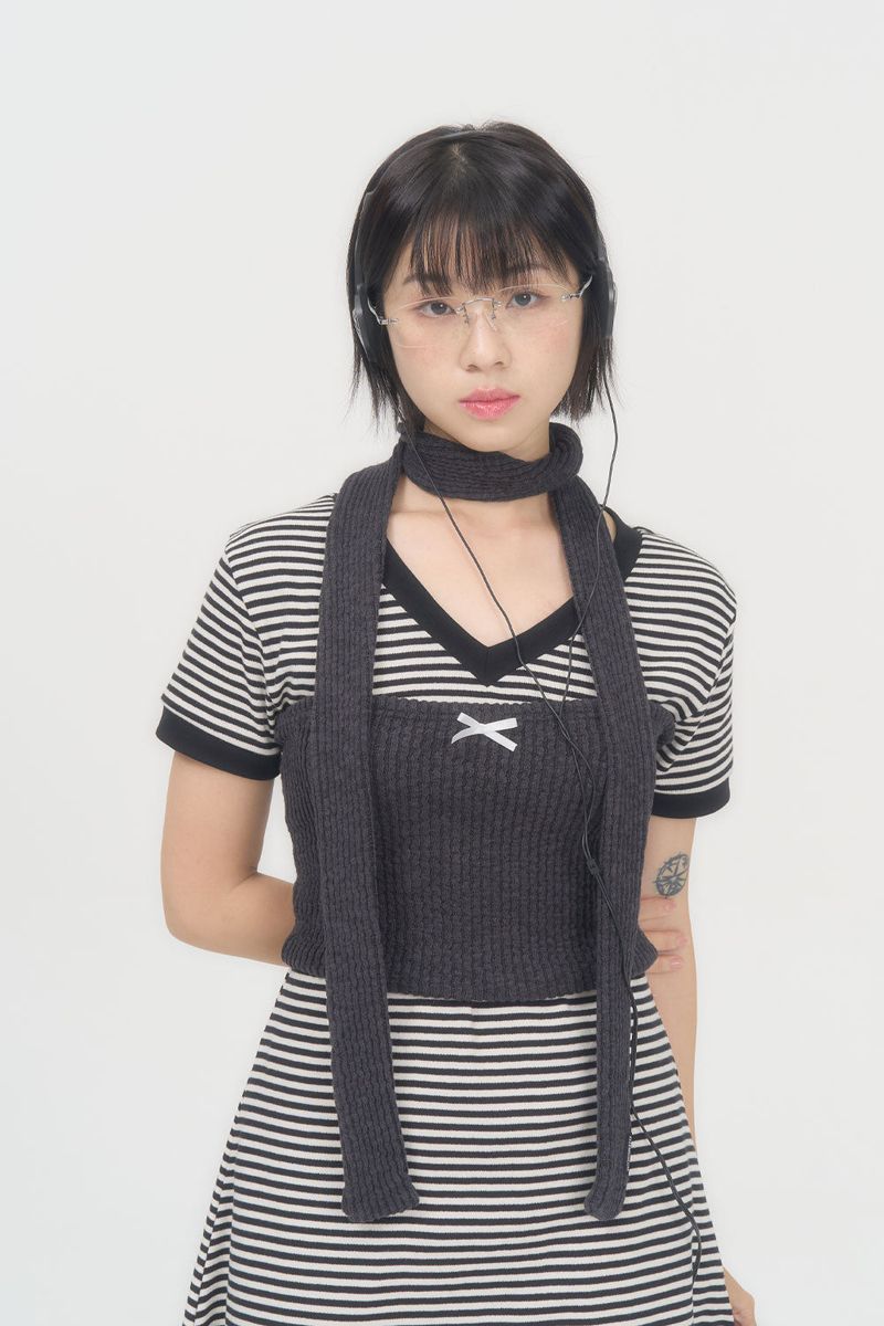 RIBBON KNIT TUBE TOP (CHARCOAL)