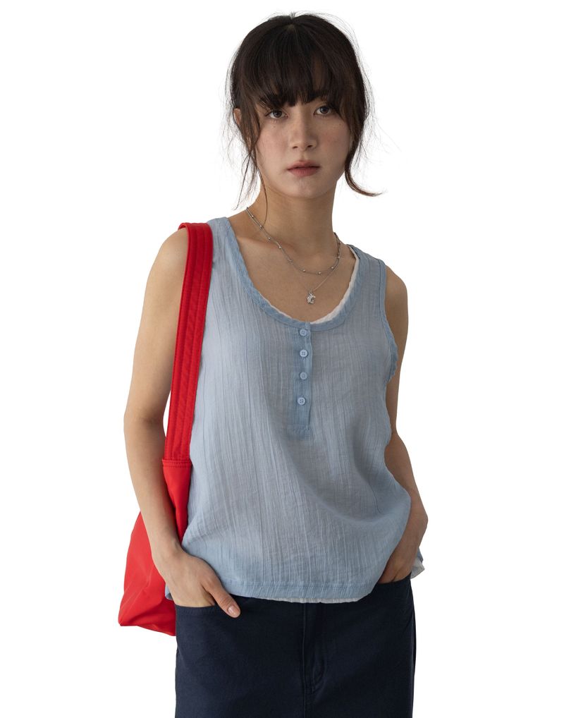 un:tyl（オンタイル）の「Rerin Layered Loose Fit Henley Neck Sheer Sleeveless（Tops）」