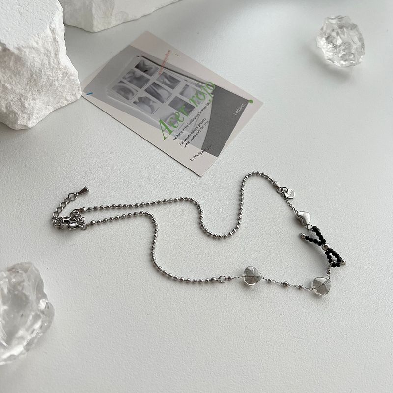 bru Ballet Core Stainless Steel Titanium Ribbon Black Beads Heart Short Layered Necklace