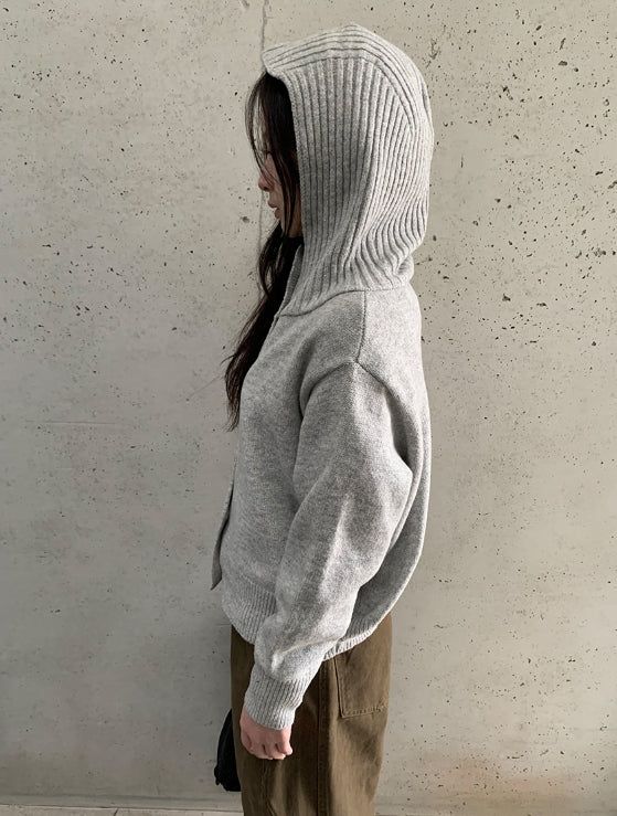 Mihro High Neck Hood Wool Knit Cardigan