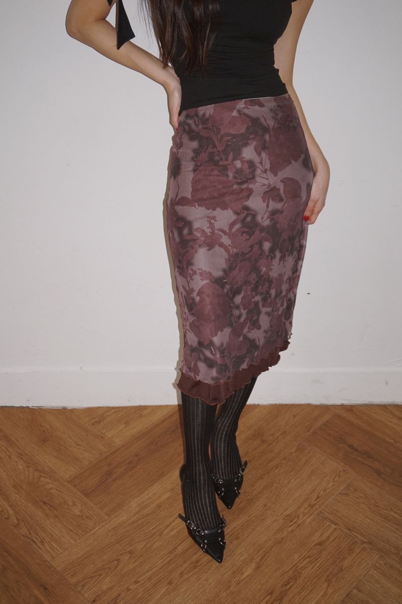 burgundy flower midi skirt