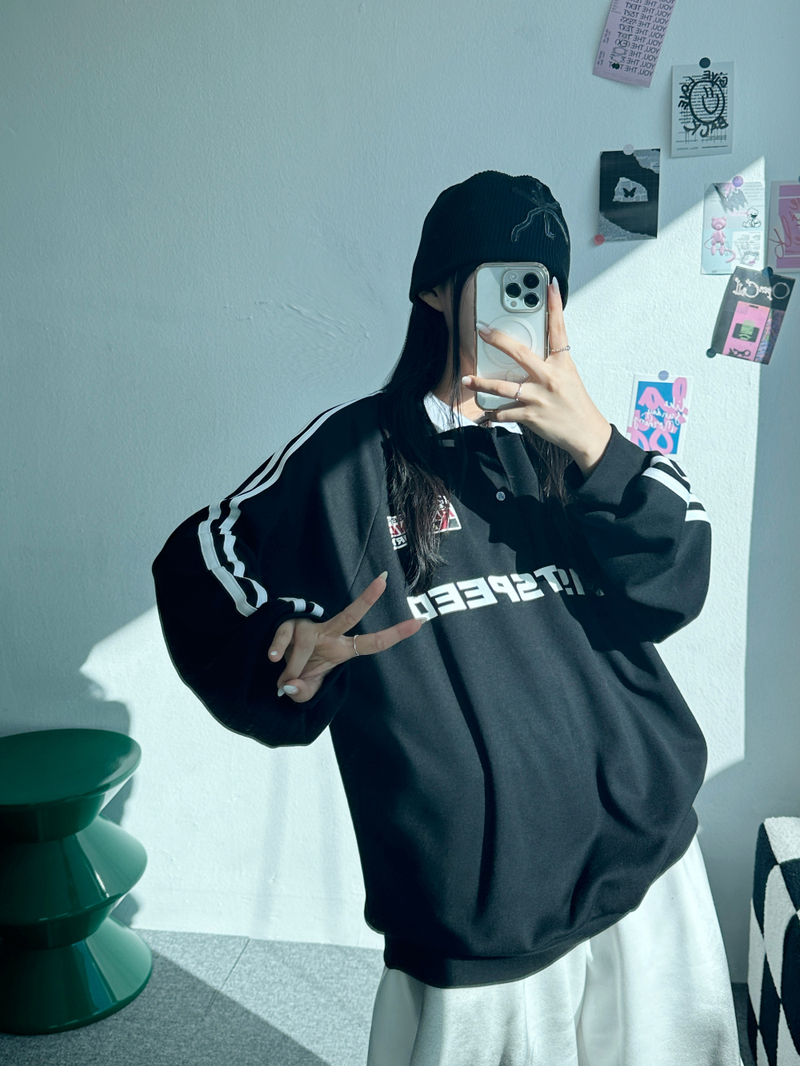 RAGLAN THREE-STRIPE COLLAR SWEATSHIRT🖤🩶🤍 - 3 COLORS