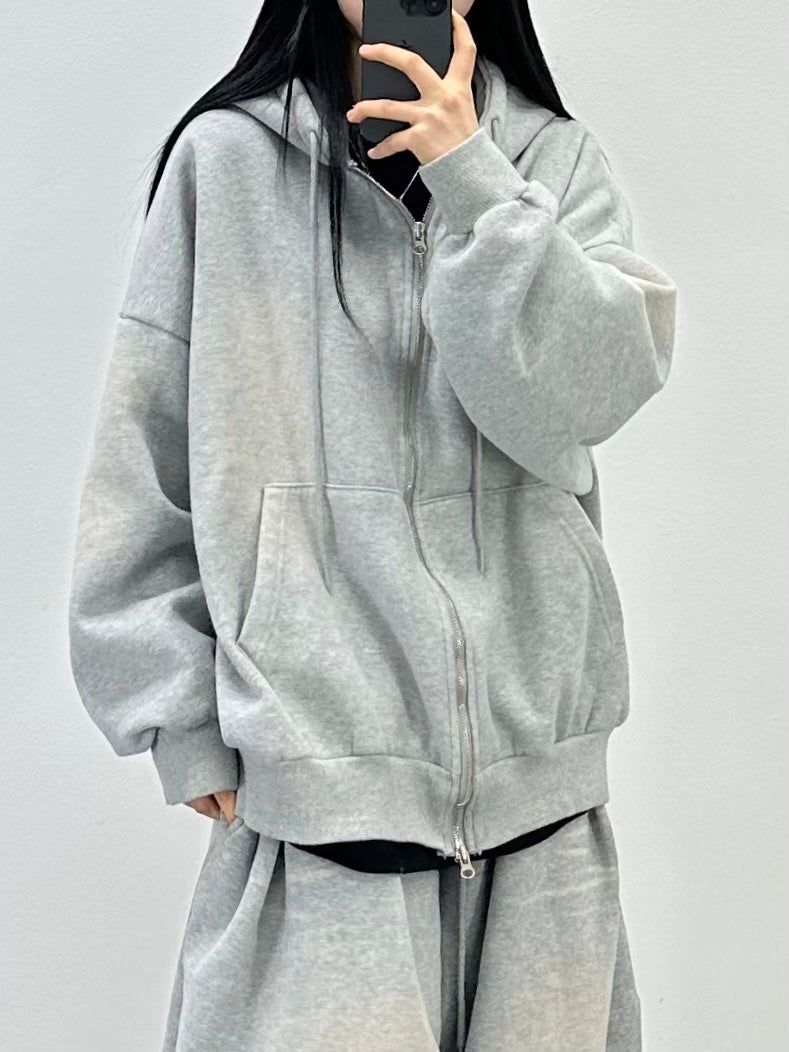 cat brush fleece hood zip-up