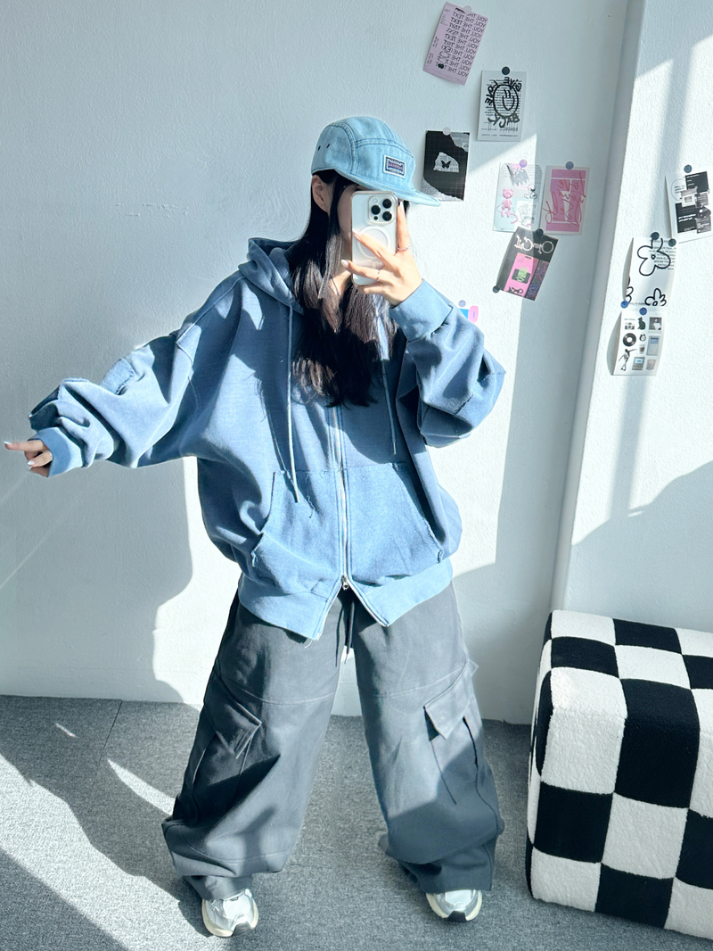 PIGMENT PATCH POINT 2-WAY HOOD ZIP-UP💛🩵🩶 - 3 COLORS