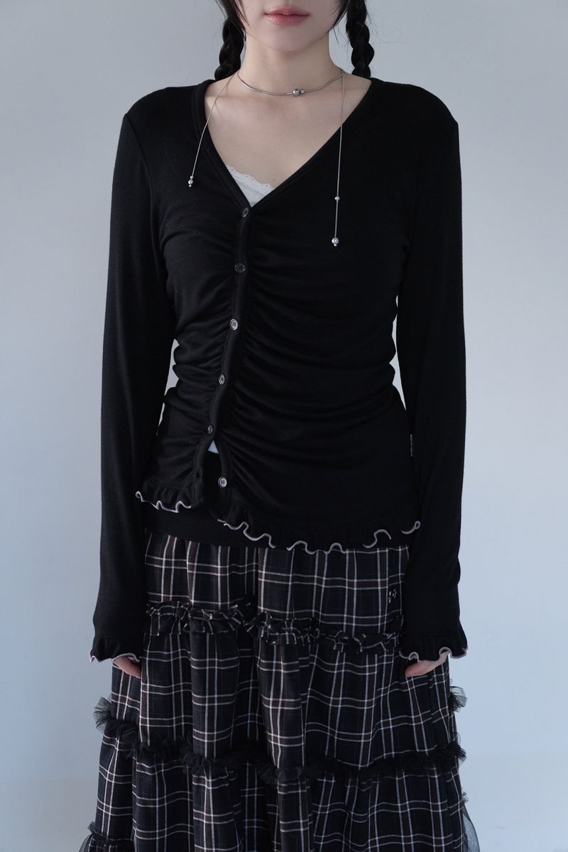 ASYMMETRIC SHIRRING LACE CARDIGAN BLACK
