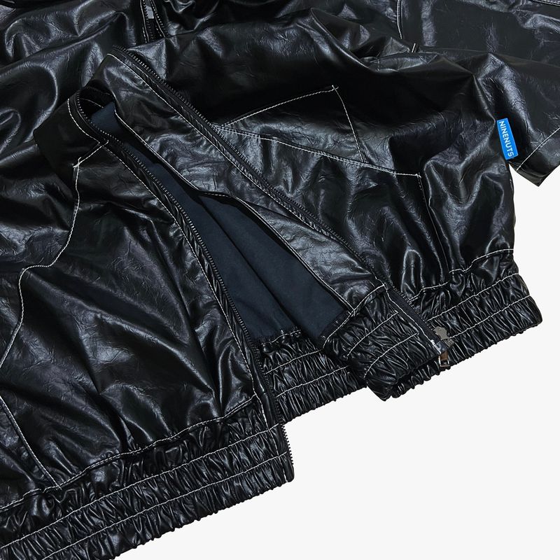 glossy faux leather hood zip-up hoodie_black
