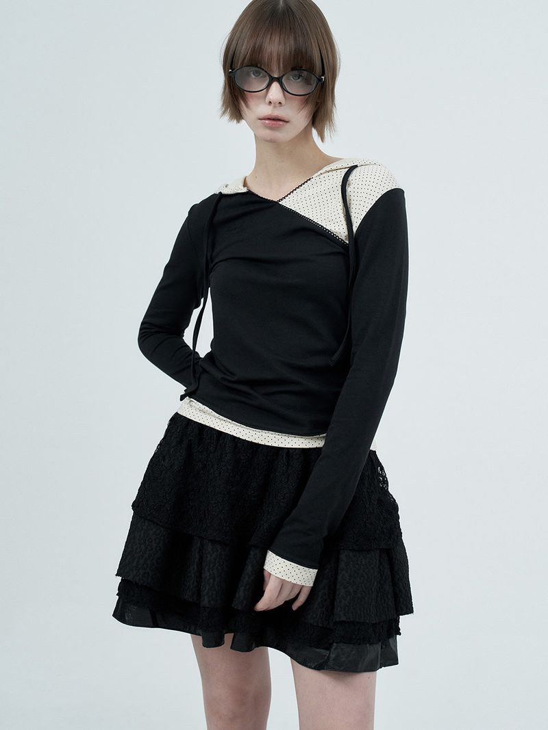 dot wrap layered hoodie / black