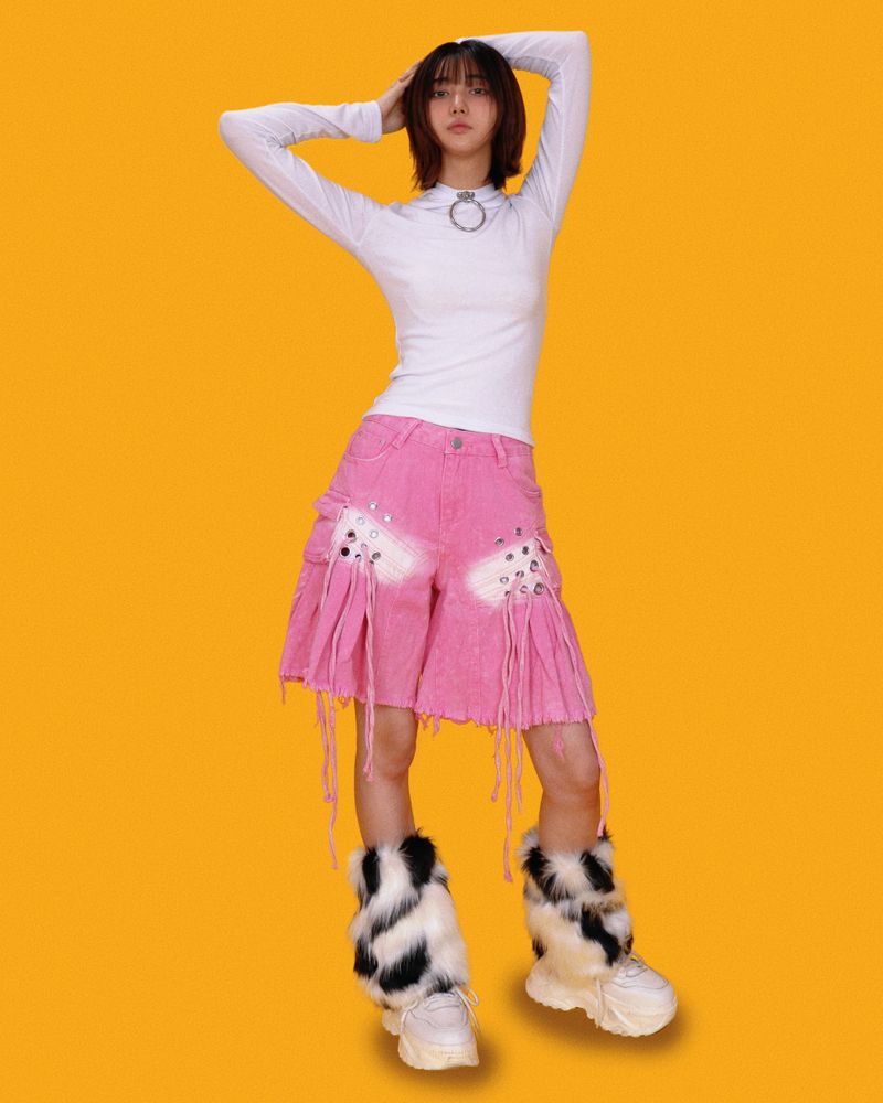 angry eyelet wide half pants - pink