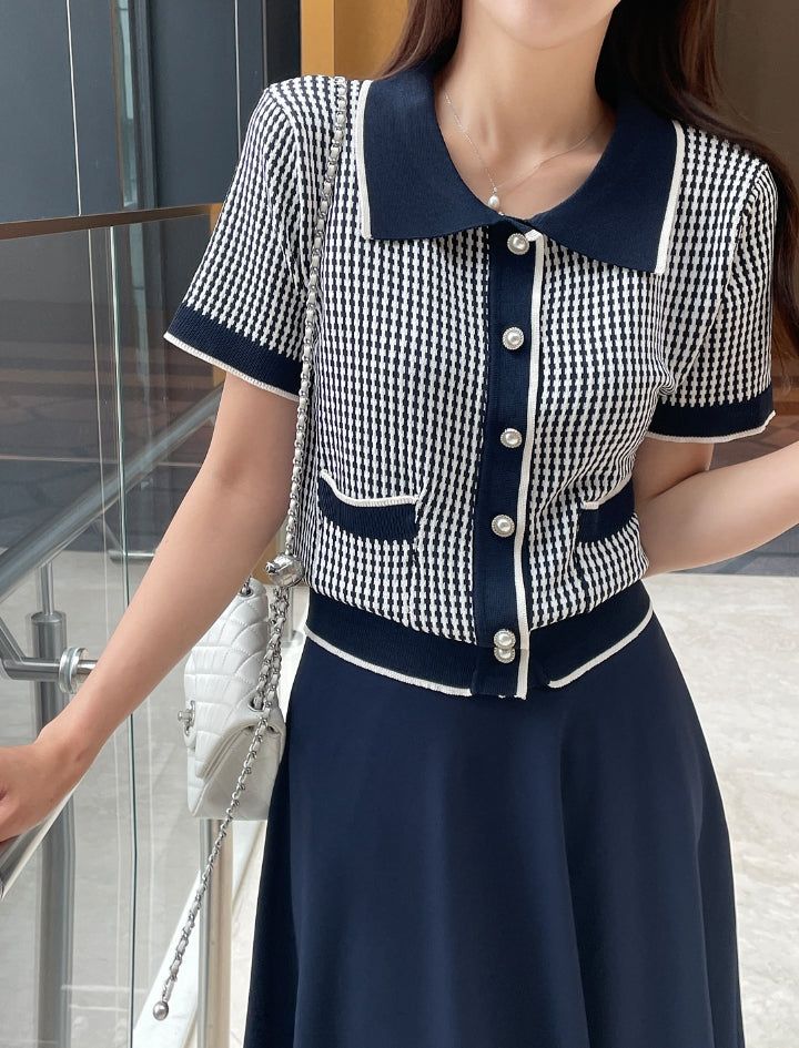 Carson Collar Color Matching Check Knit Cardigan