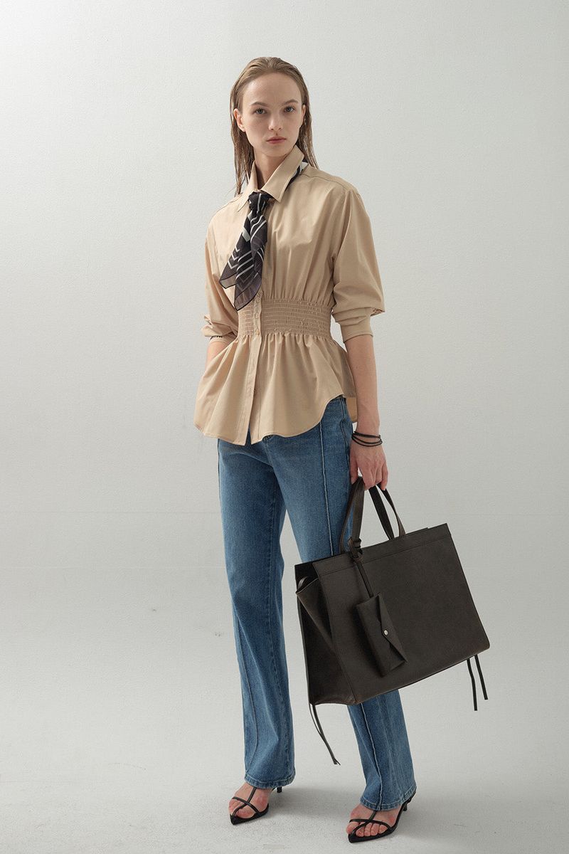 Curve Waist Stretch Shirt_Beige