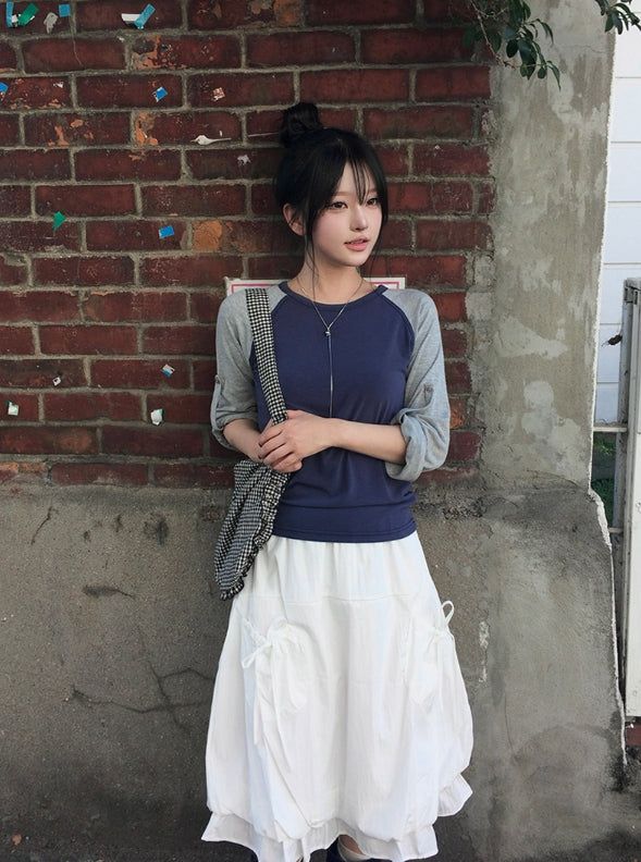 Sami Check Button Raglan Roll-Up Long Sleeve T-Shirt