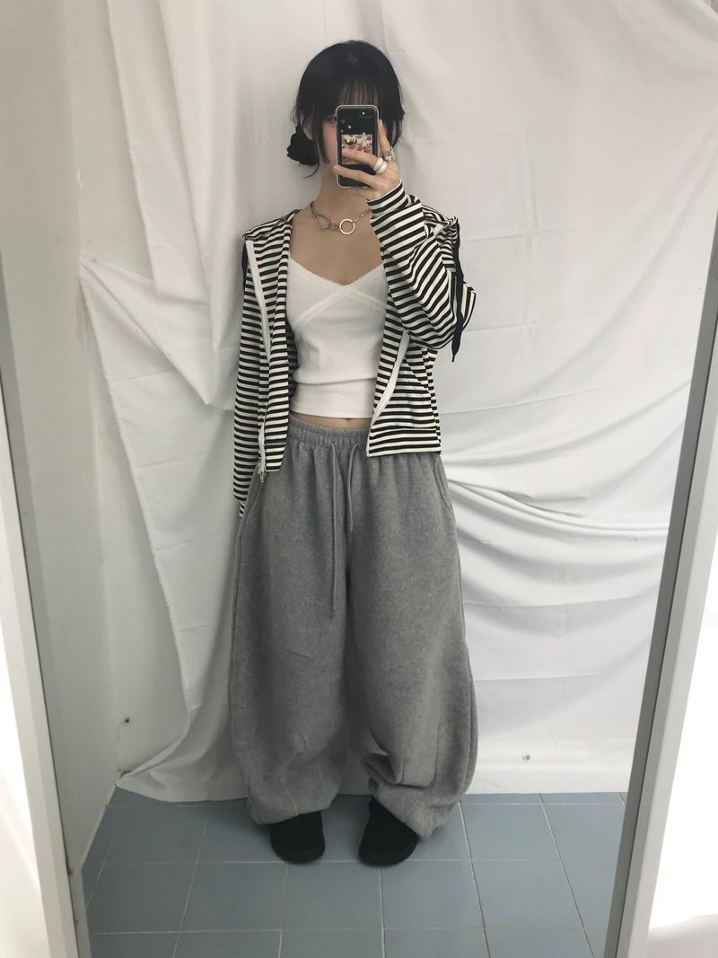 Stripe Semi-Crop Hooded Zip-Up