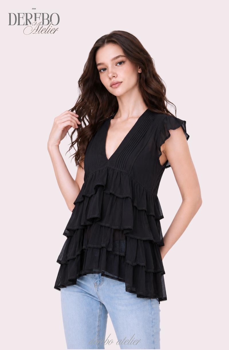 Lady Frilled Chiffon V Blouse