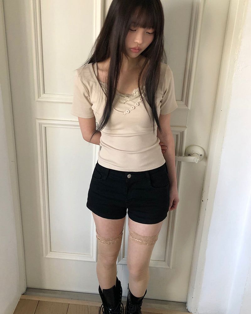 ジュヒン レース ボタン ショートスリーブ Tシャツ