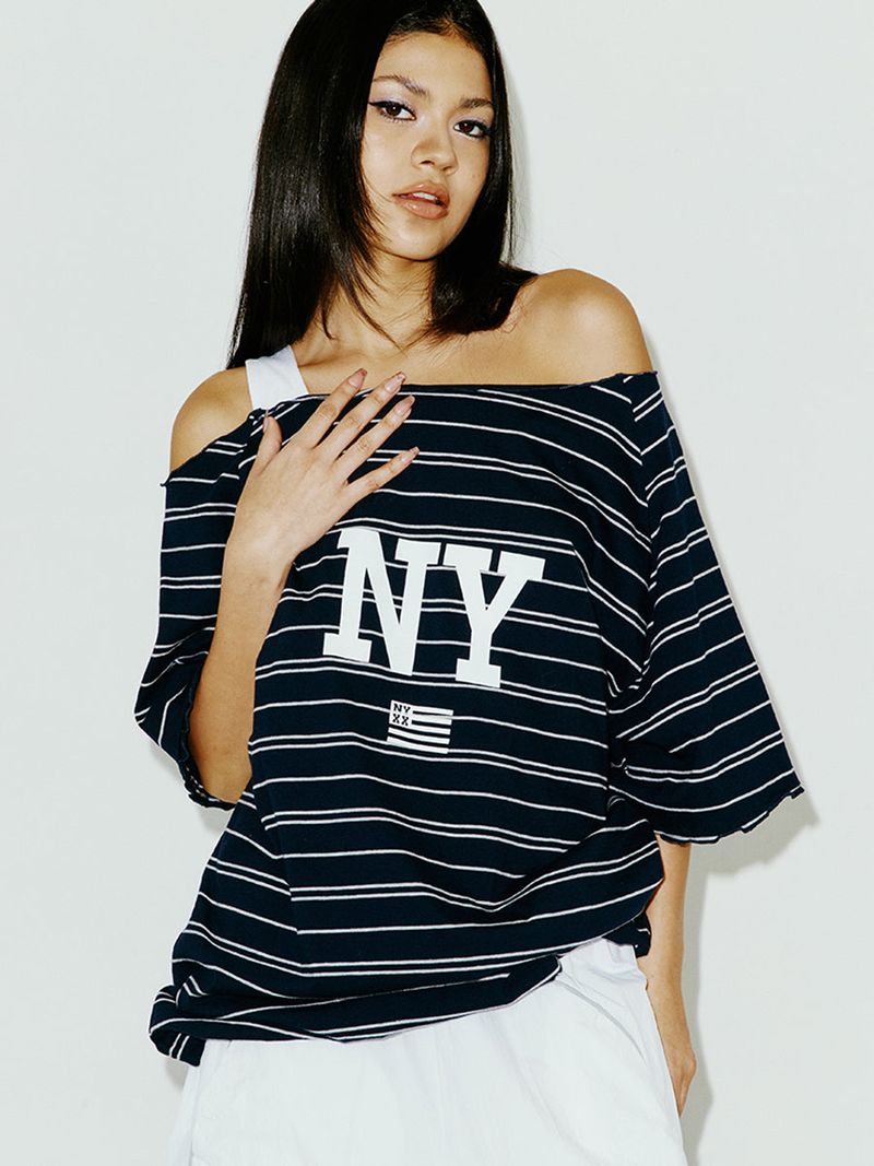 STRIPE OFF SHOULDER SS NAVY