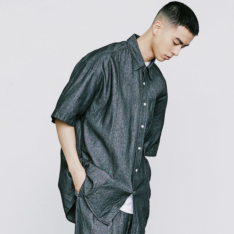 FRONT SEAM WASHED DENIM SHIRT BLACK