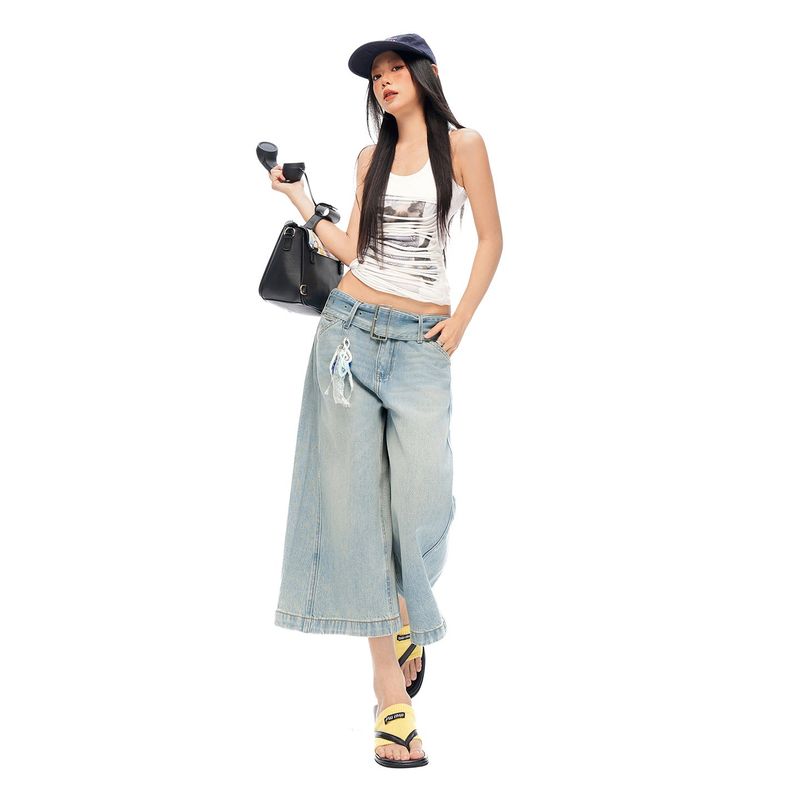 Vintage Light Wash Belted Wide Cropped Denim Pants