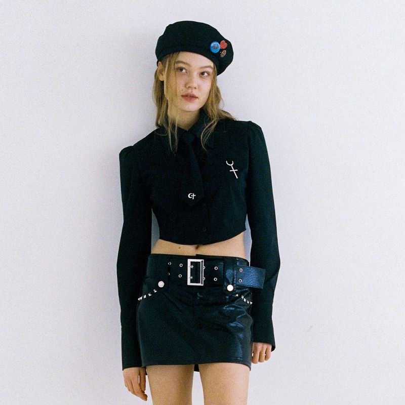 0 1 necktie crop shirt - BLACK
