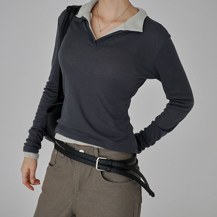 [Rotobi] Solid Collar Long-Sleeve T-Shirt - 4 Colors