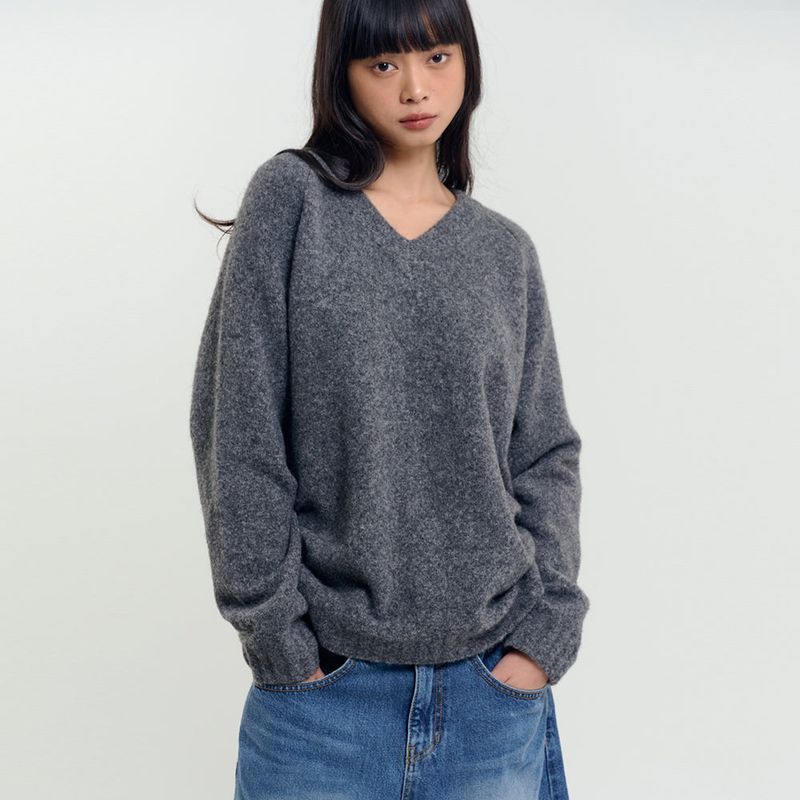 Soft Brushed V-Neck Knit Charcoal