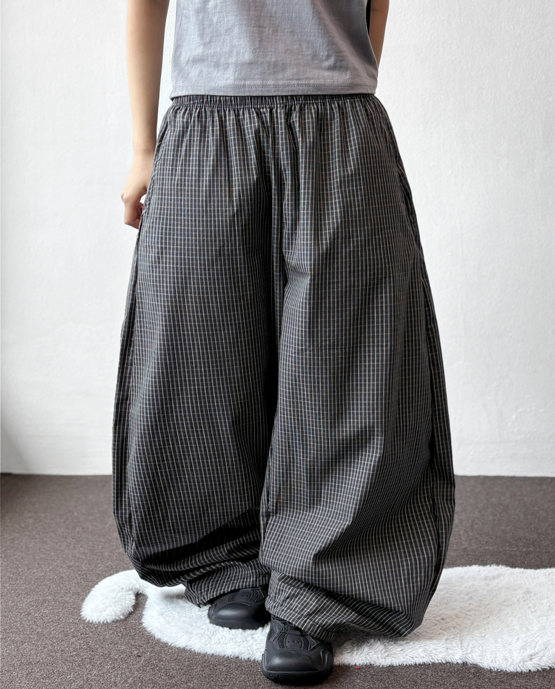 Fluffy Check Elastic Waist Balloon Pants 2Color