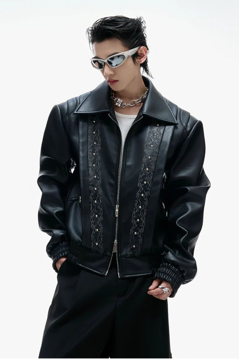 Argue Cultureの「Embroidered Deconstructed Cropped Leather Jacket（Jackets/Outerwear）」