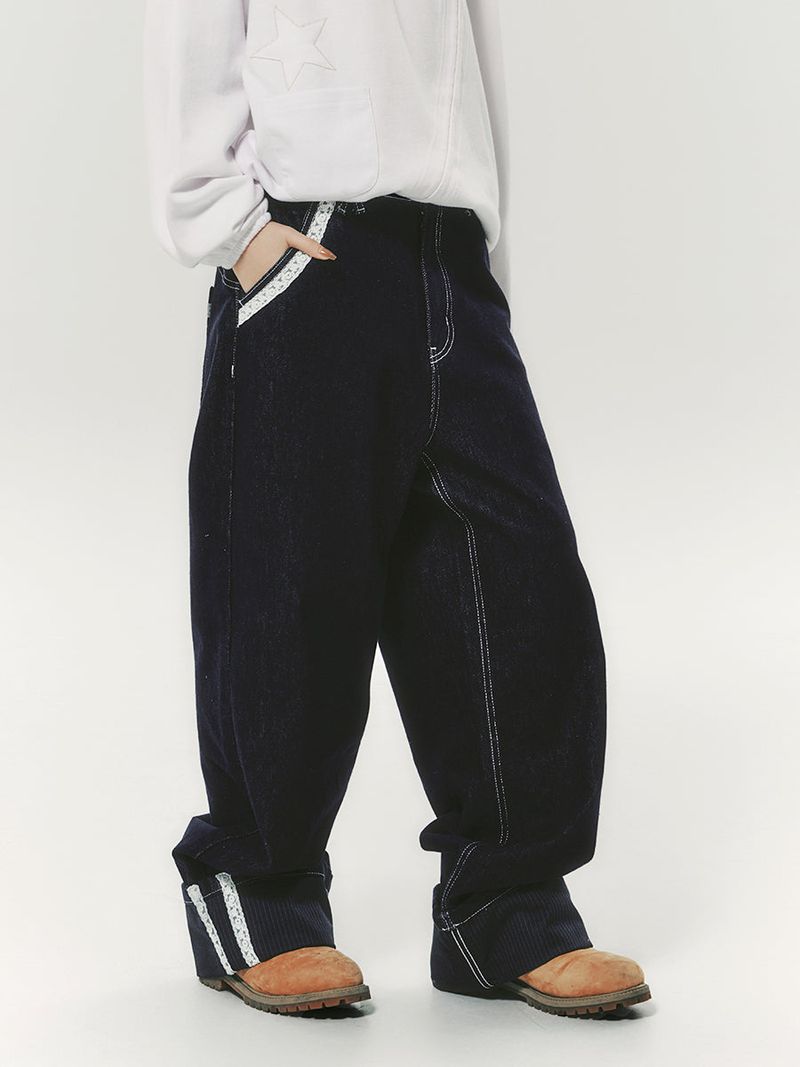 LACE ROLL UP DENIM PANTS BLUE