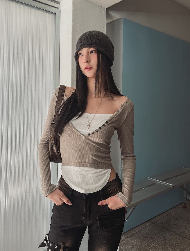 Ash Ribbed Deep Button Layered Long Sleeves