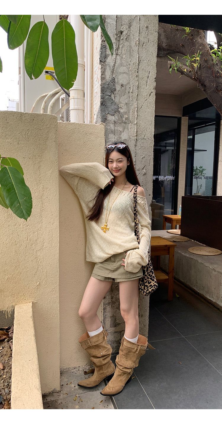 khaki cotton mini pants skirt